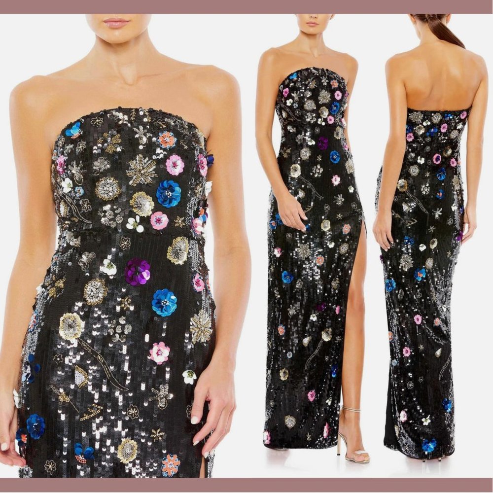 NWT $798‎ Mac Duggal [ 14 ] Floral Sequined Strapless Slit Column Gown Black
